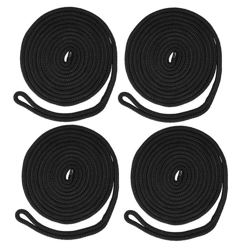 NovelBee 4 Pack of 1/2 Inch x 20 Feet Double Braid Nylon Dockline,Mooring Rope Dock Line with Spliced Soft Eye,Working Load Limit 968 lbs,Breaking Strength 4,840 lbs (4pcs,Black) - Image 1